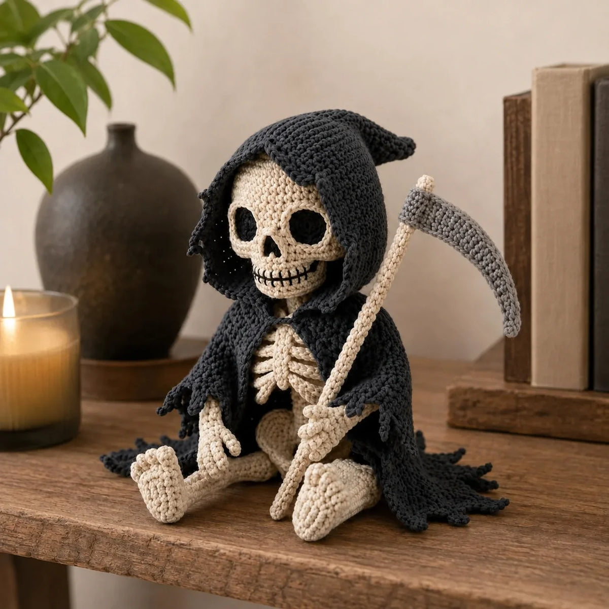 Close-up of the crocheted skull face and dark hood