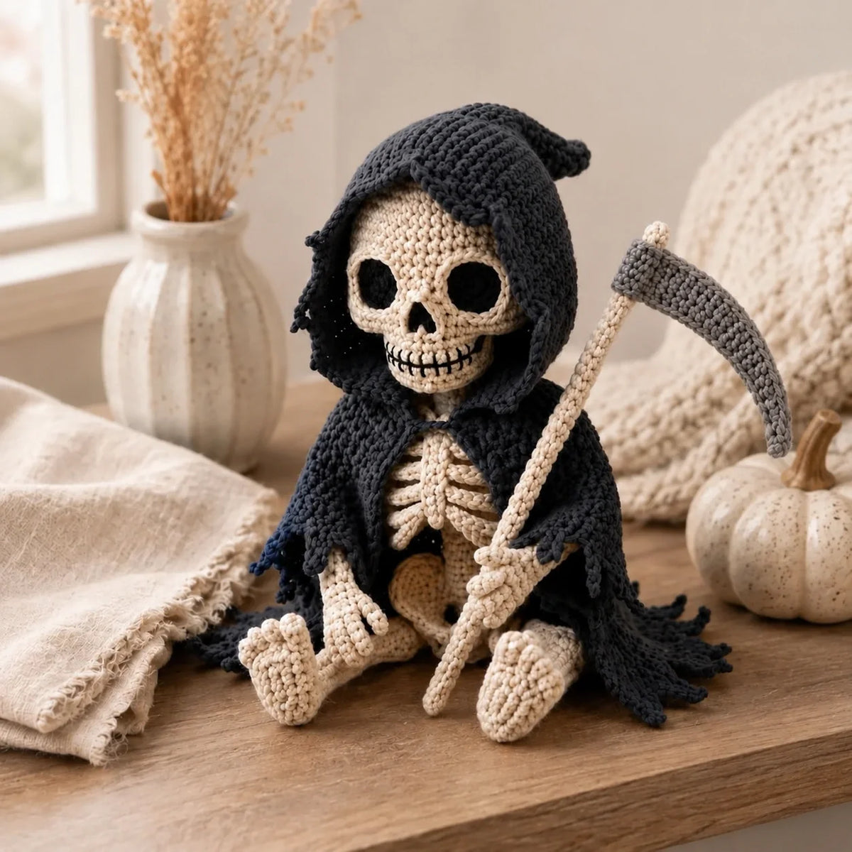 Crochet grim reaper holding its scythe, side view