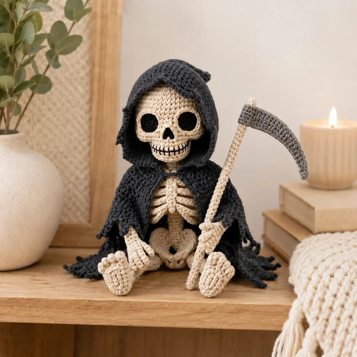 Bitty Grim amigurumi showing the frayed cape details