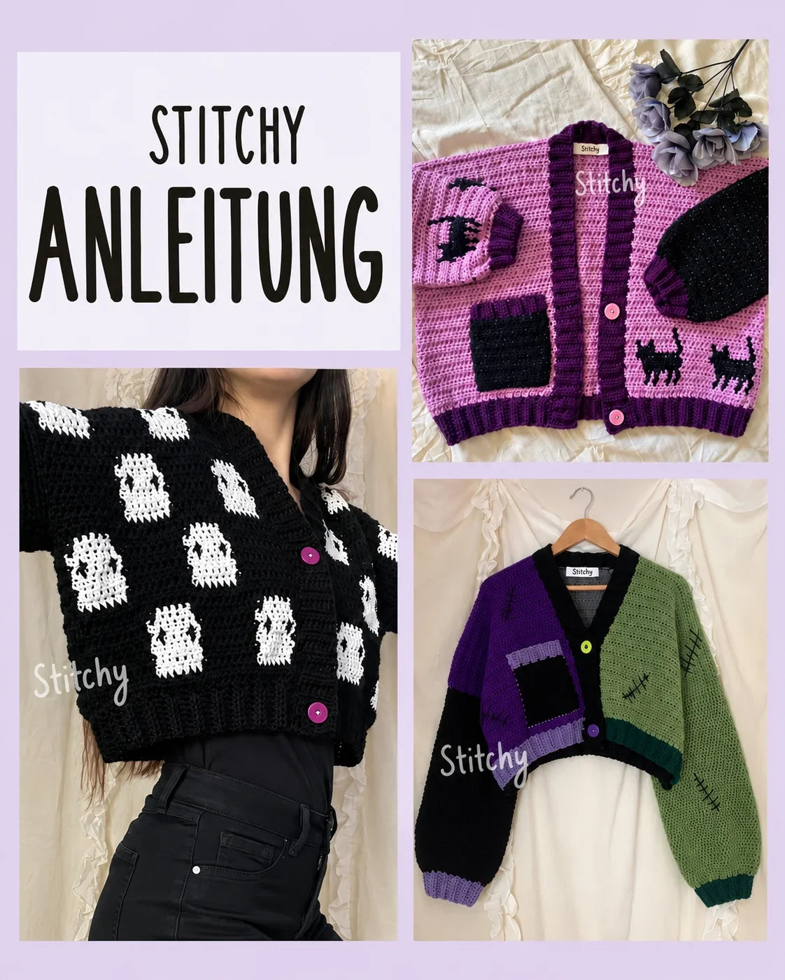Crocheted Halloween cardigan with spooky motifs, worn front view