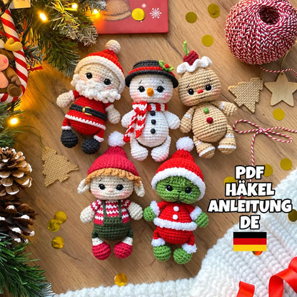 Five crocheted Christmas amigurumi figures: Santa, snowman, gingerbread man and elf