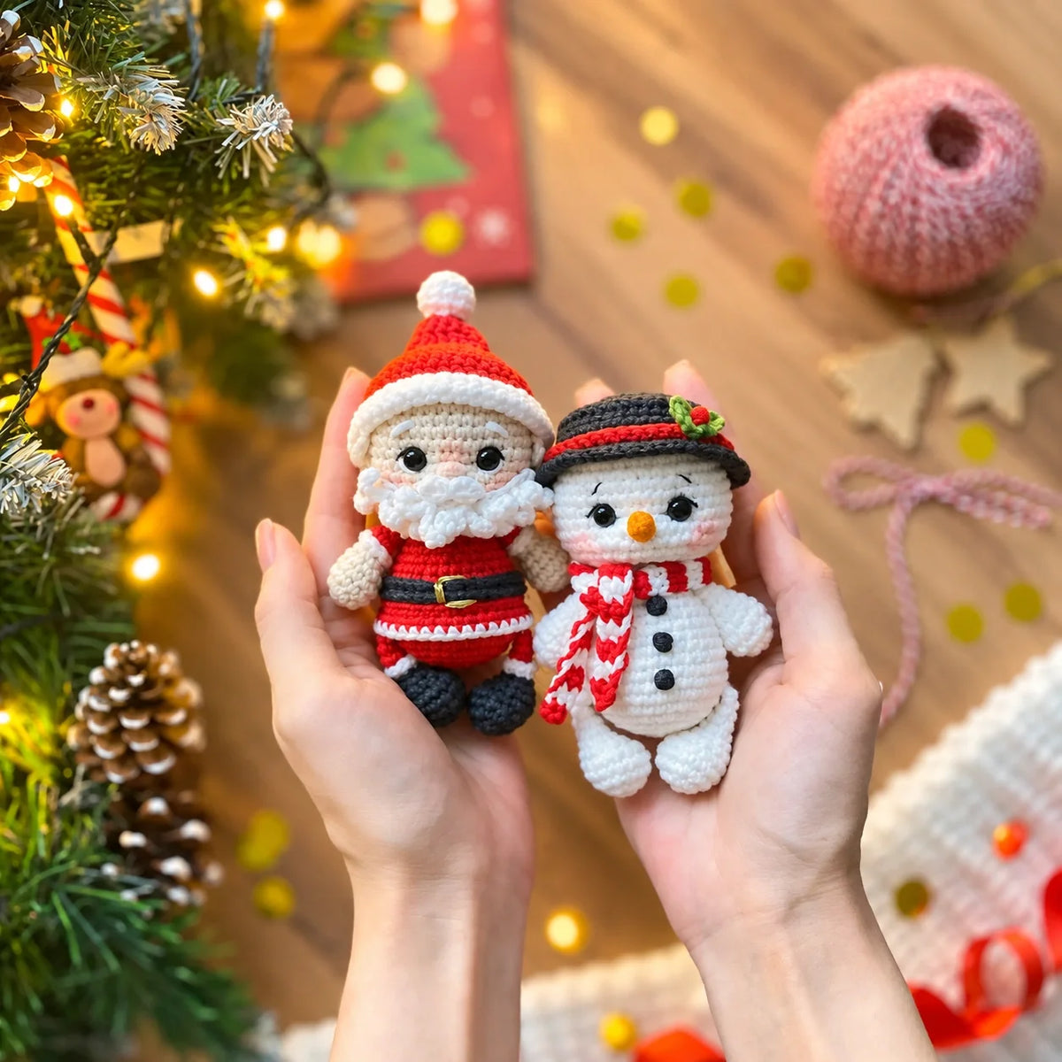 Crocheted Christmas figures displayed as holiday decor