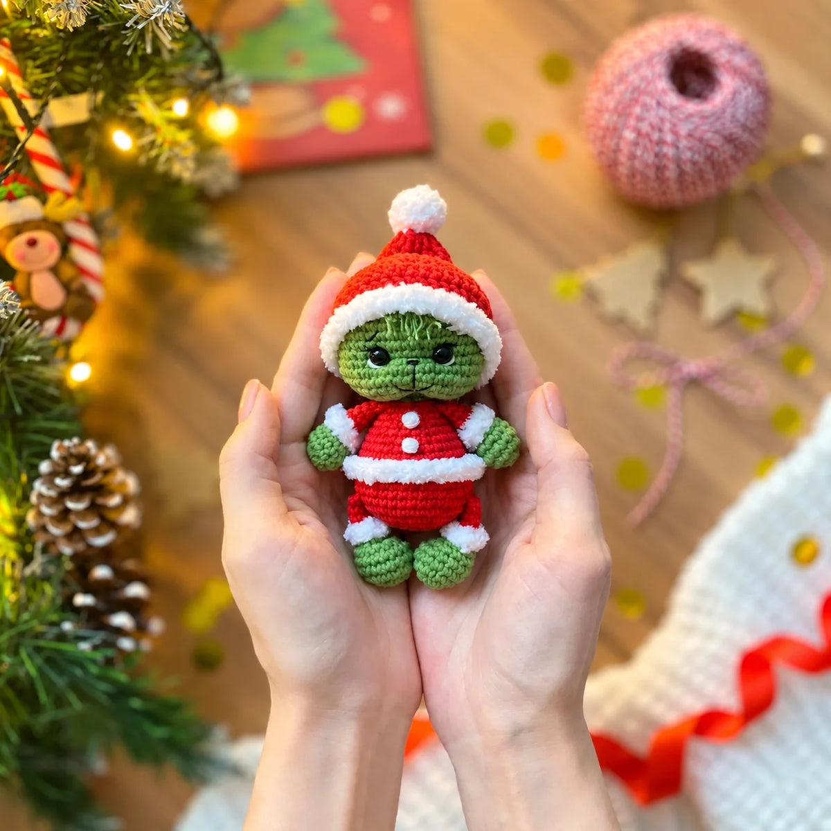 Crocheted Santa amigurumi figure close-up