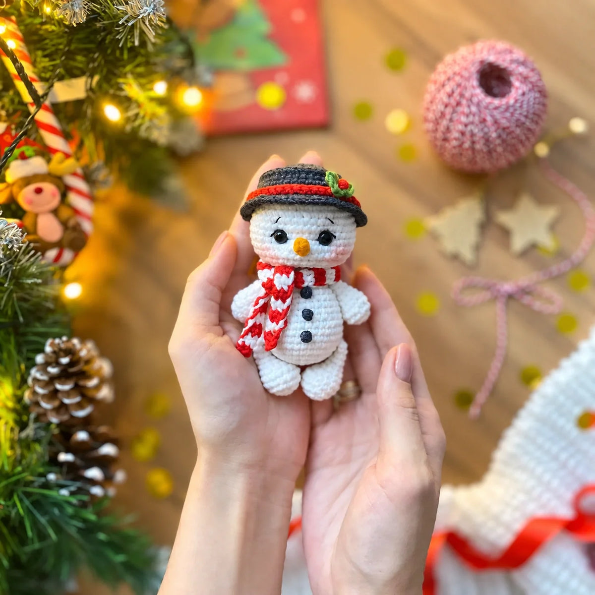 Crochet Christmas figures hanging as tree ornaments