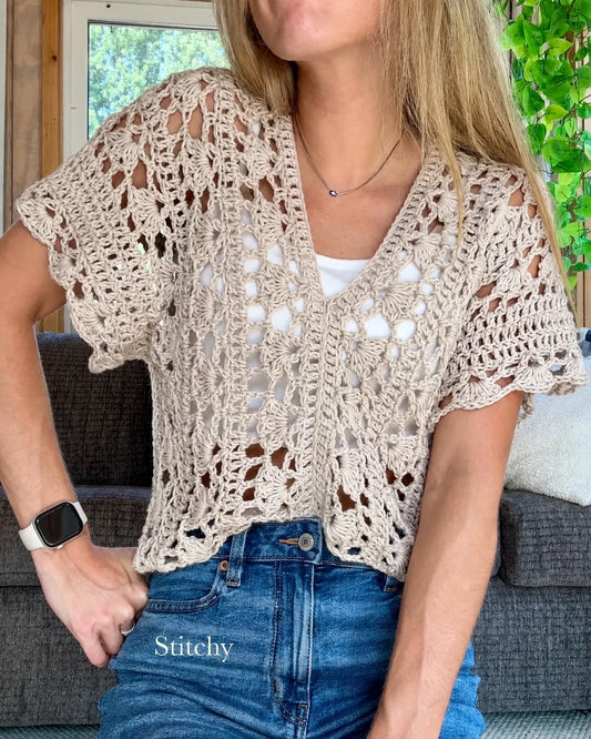 Model wearing the airy Coastal Lace crochet summer top