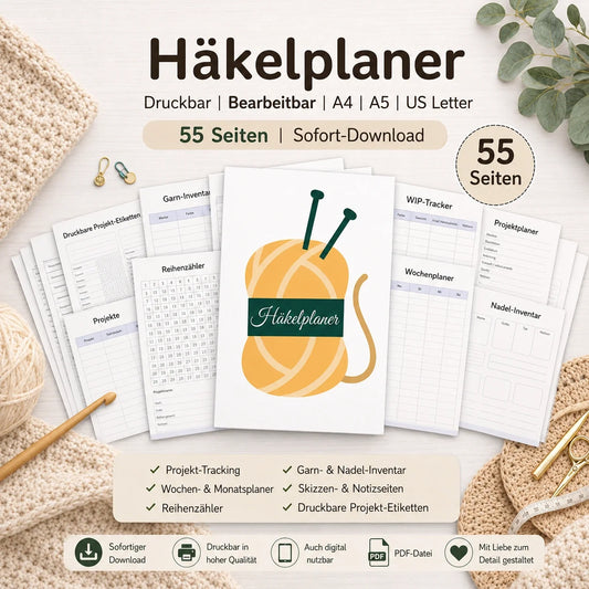 Crochet project planner PDF with 55 printable pages including trackers and yarn inventory