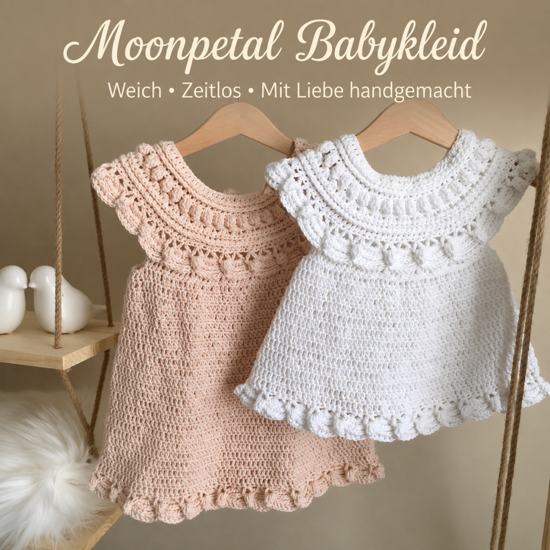 Moonpetal crochet baby dress with ruffles, pattern cover