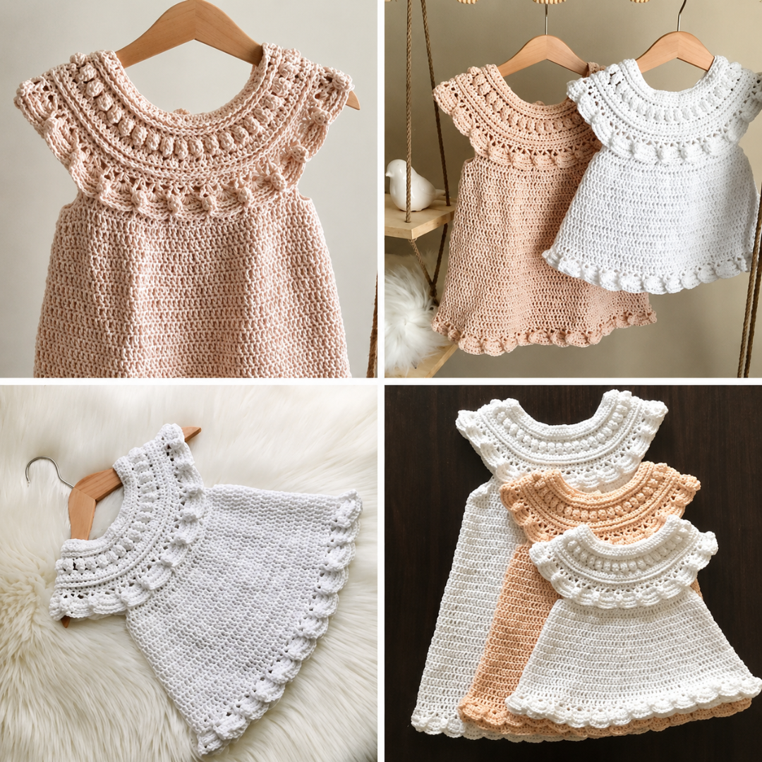 Finished Moonpetal crochet baby dress from the PDF pattern