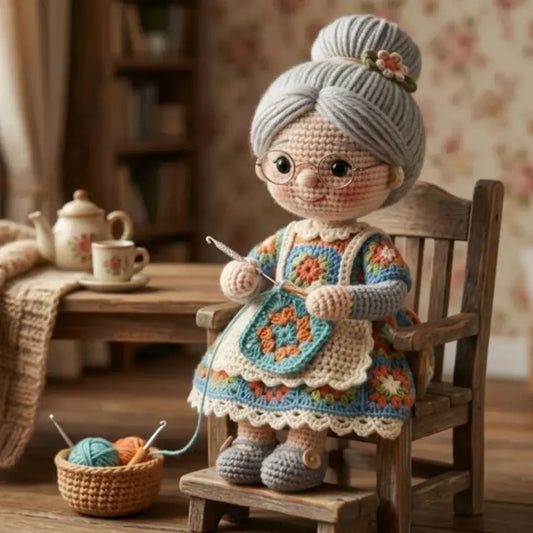 Close-up of the crochet grandma doll's face and glasses