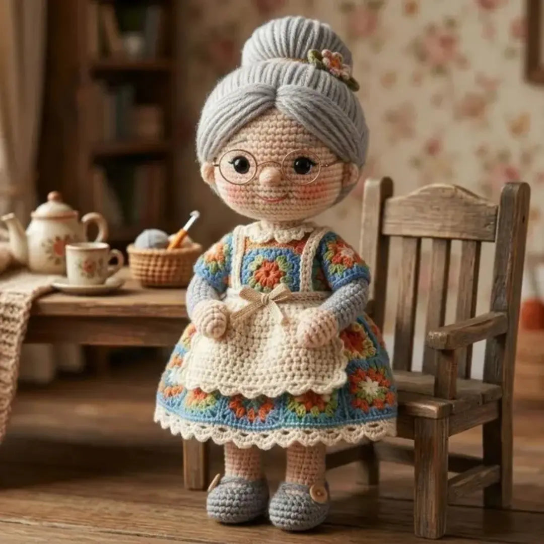 Amigurumi grandma doll Granny Griselda sitting upright
