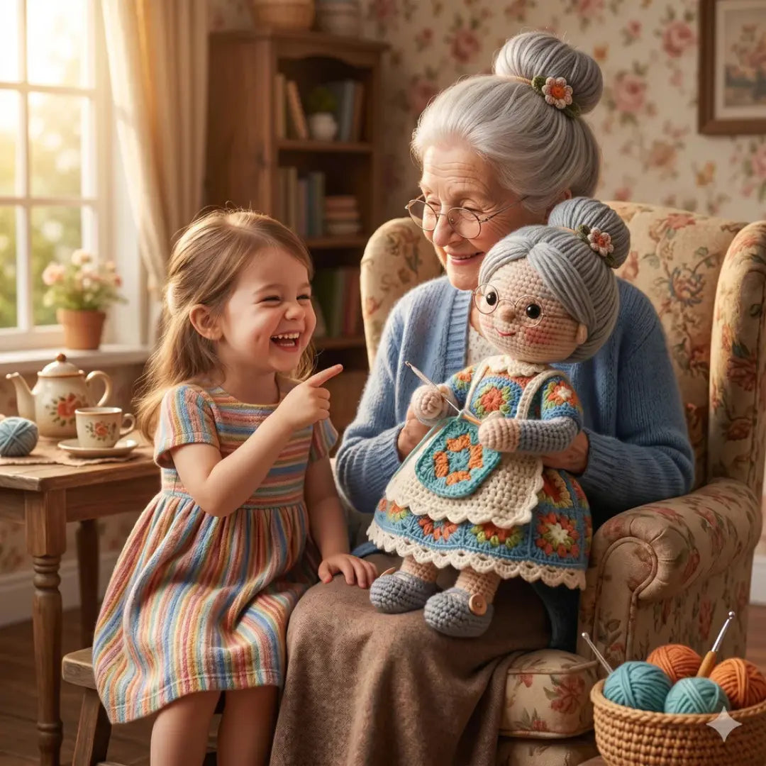 Handmade crochet grandma doll displayed on a shelf