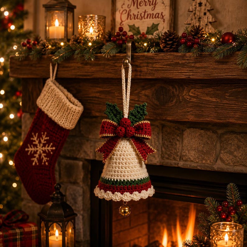 Cream crochet bell with a gold edged red bow two holly leaves three red berries and a small gold jingle bell