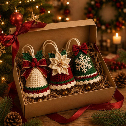 Three Christmas crochet bell ornaments arranged together in a kraft gift box