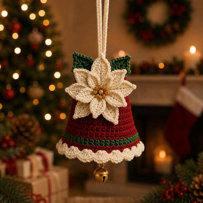 Red crochet bell ornament with a layered cream poinsettia gold flower center green leaves and cream scalloped edging
