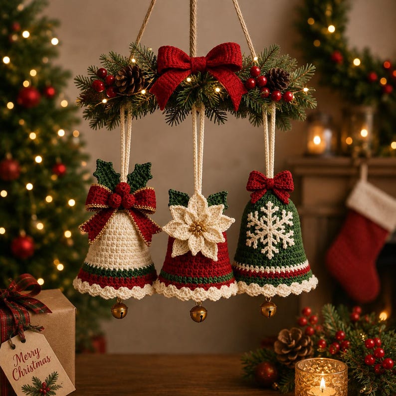 Three hanging crochet Christmas bells cream holly and bow red poinsettia and green snowflake