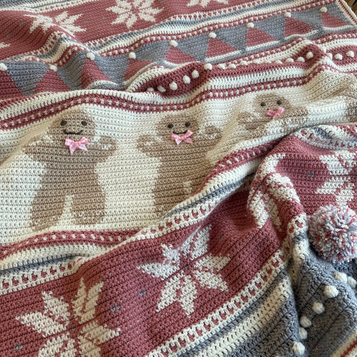 Dusty-rose, grey and cream colorway with pink gingerbread bows