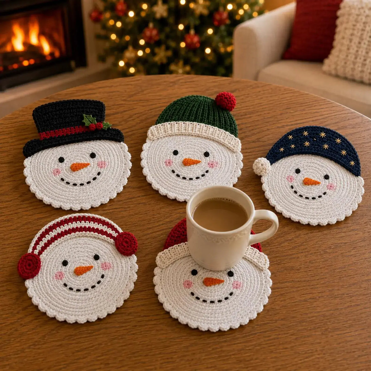 Five Christmas snowman crochet coasters with a coffee mug on a wooden table