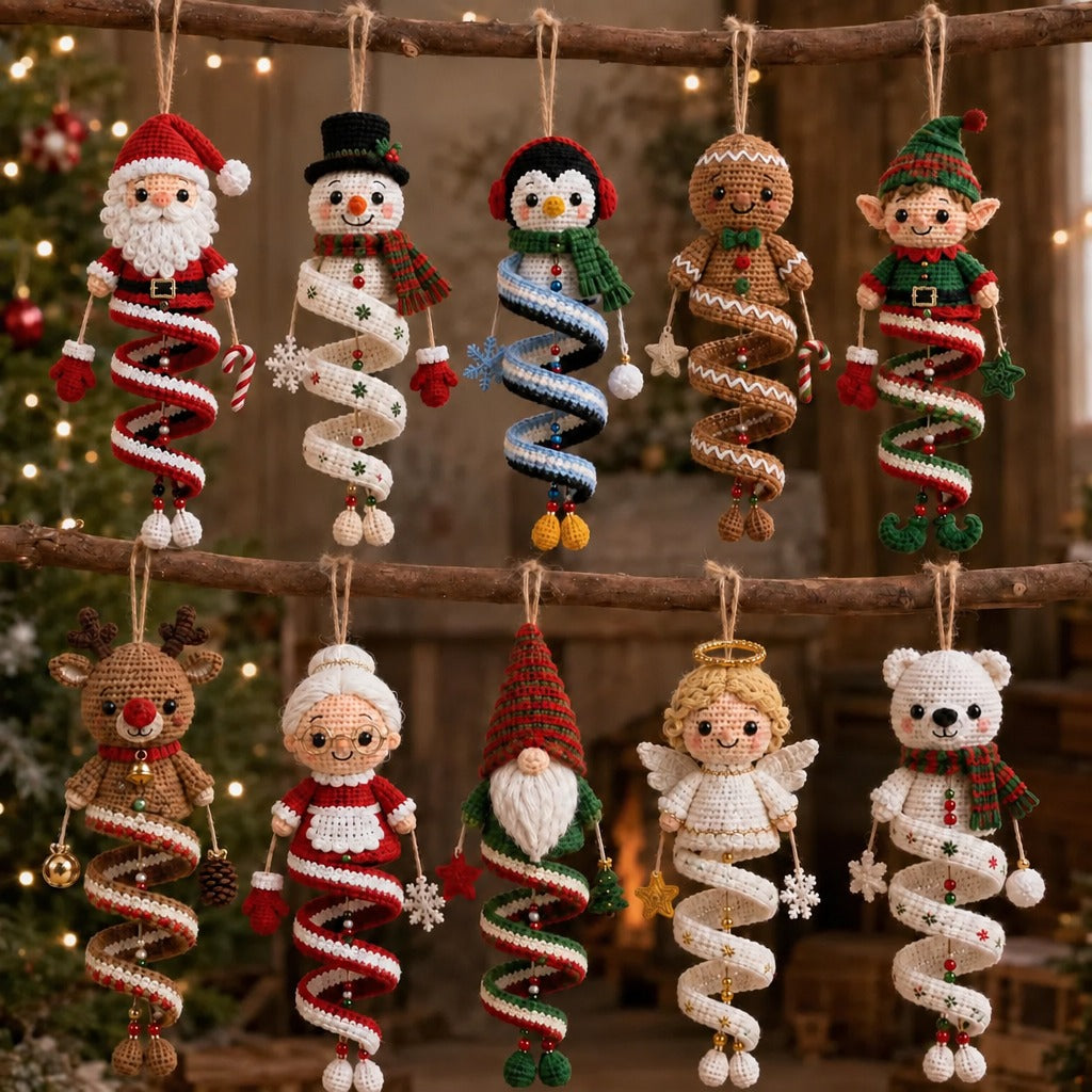 10 crochet Christmas spiral ornaments: Santa, snowman, penguin, gingerbread man, elf, reindeer, Mrs. Claus, gnome, angel and polar bear