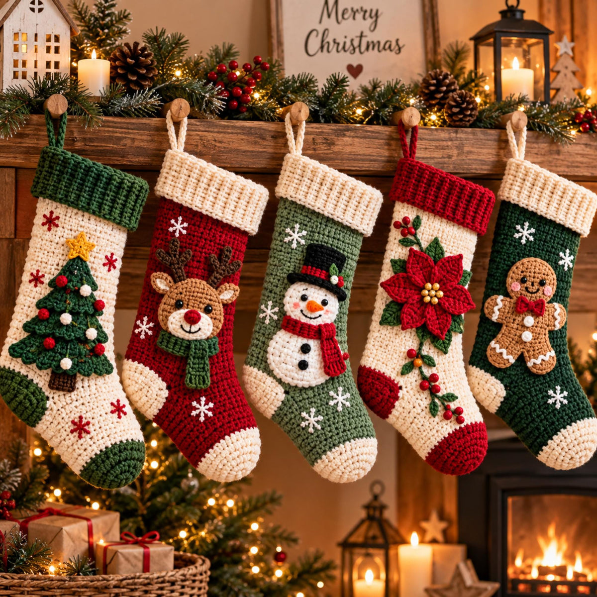 Five crochet Christmas stockings with tree, reindeer, snowman, poinsettia and gingerbread motifs