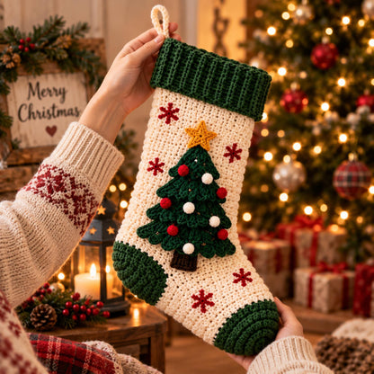 Cream and forest-green crochet Christmas tree stocking