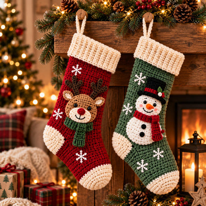 Red reindeer stocking and sage-green snowman stocking