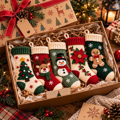 Five crochet Christmas stockings arranged in a gift box
