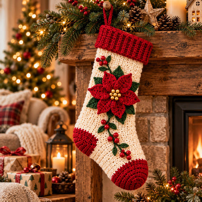 Cream crochet stocking with red poinsettia and berries