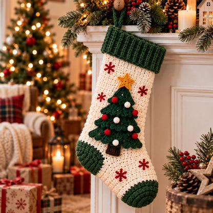 Cream Christmas tree stocking with green cuff, heel and toe