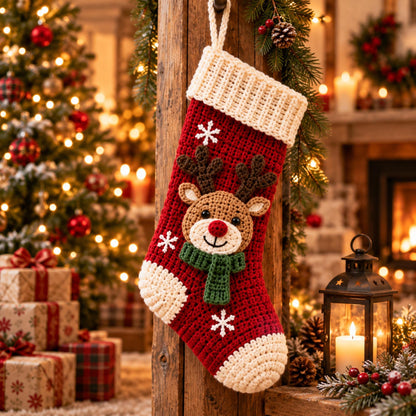 Red crochet reindeer stocking with ivory cuff and snowflake details