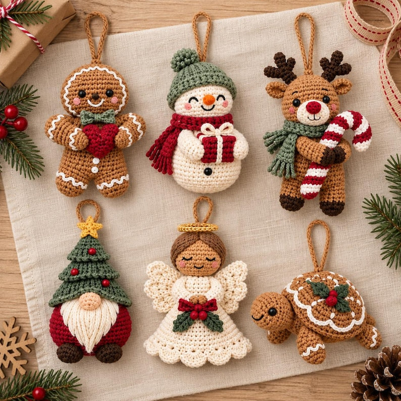Complete set of six Christmas crochet ornaments arranged on a linen cloth