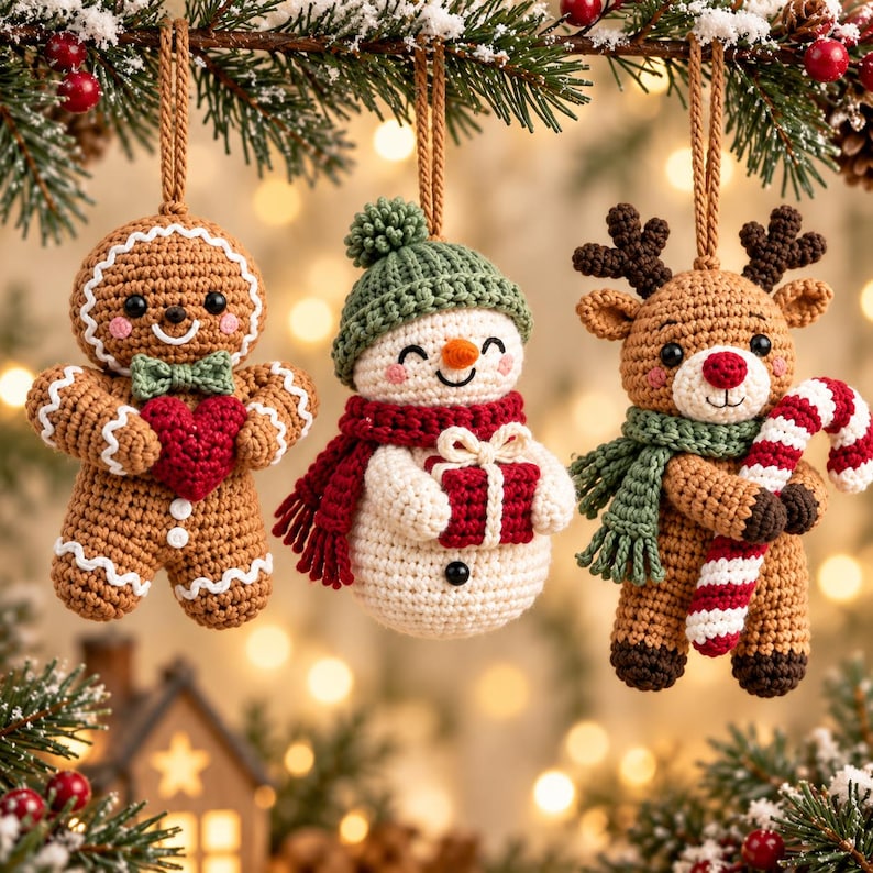 Gingerbread holding a heart snowman holding a gift and reindeer holding a candy cane