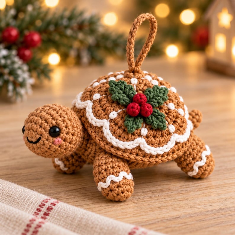 Gingerbread crochet turtle ornament with white icing trim and holly decorated shell
