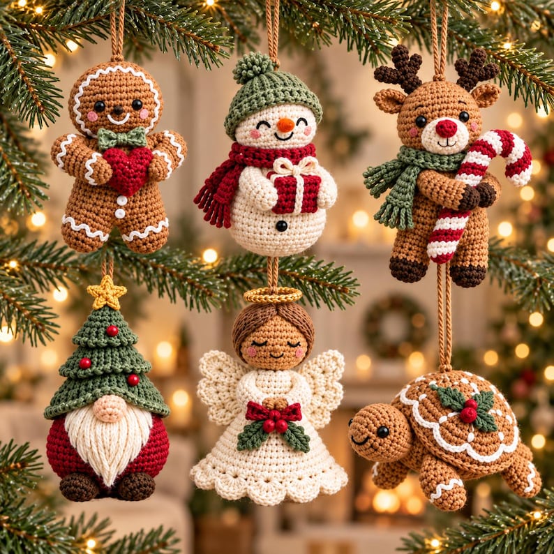 Six crochet Christmas ornaments hanging on a tree gingerbread snowman reindeer gnome angel and turtle