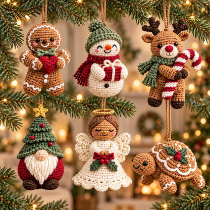 Six crochet Christmas ornaments hanging on a tree gingerbread snowman reindeer gnome angel and turtle