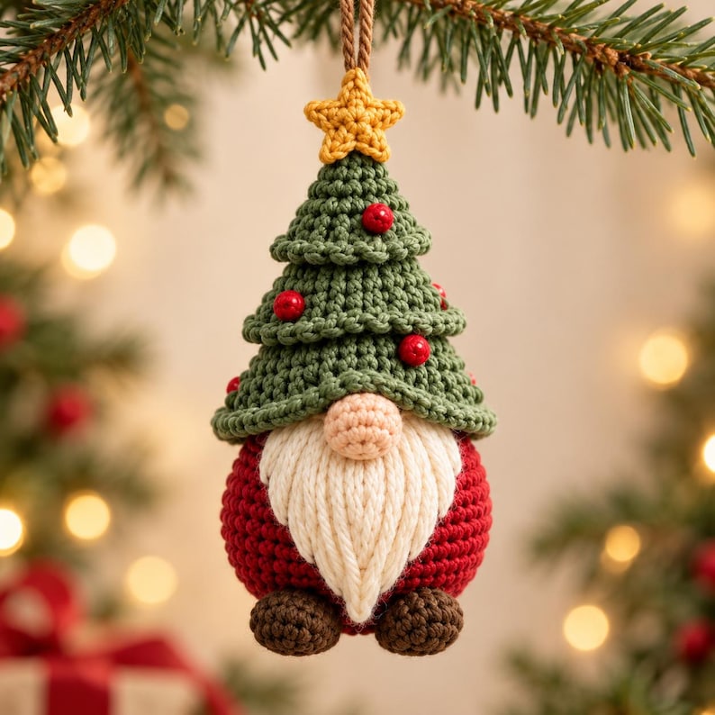 Red crochet gnome ornament with cream beard and green Christmas tree hat topped with a gold star