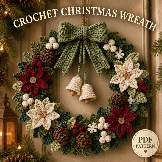 Crochet Christmas wreath with poinsettias, pinecones, bells and a sage-green bow