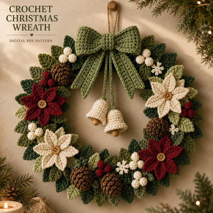 Finished crochet Christmas door wreath hanging on a wall