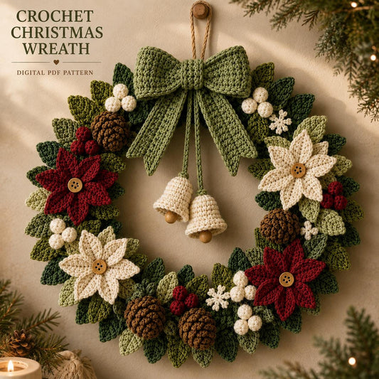 Finished crochet Christmas door wreath hanging on a wall