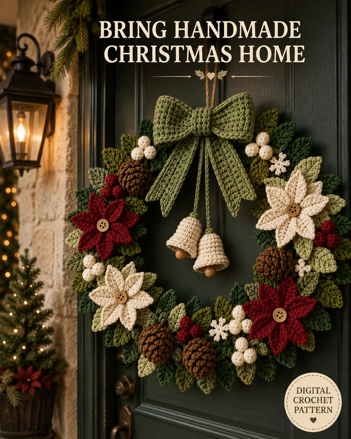 Crochet wreath hanging on a dark front door
