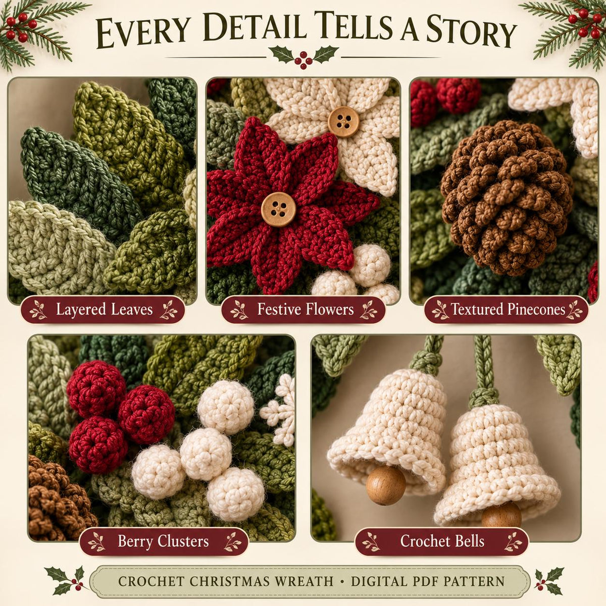 Close-ups of crochet leaves, poinsettias, pinecones, berries and bells