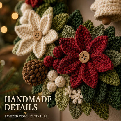 Close-up of crochet poinsettia flowers with wooden button centers