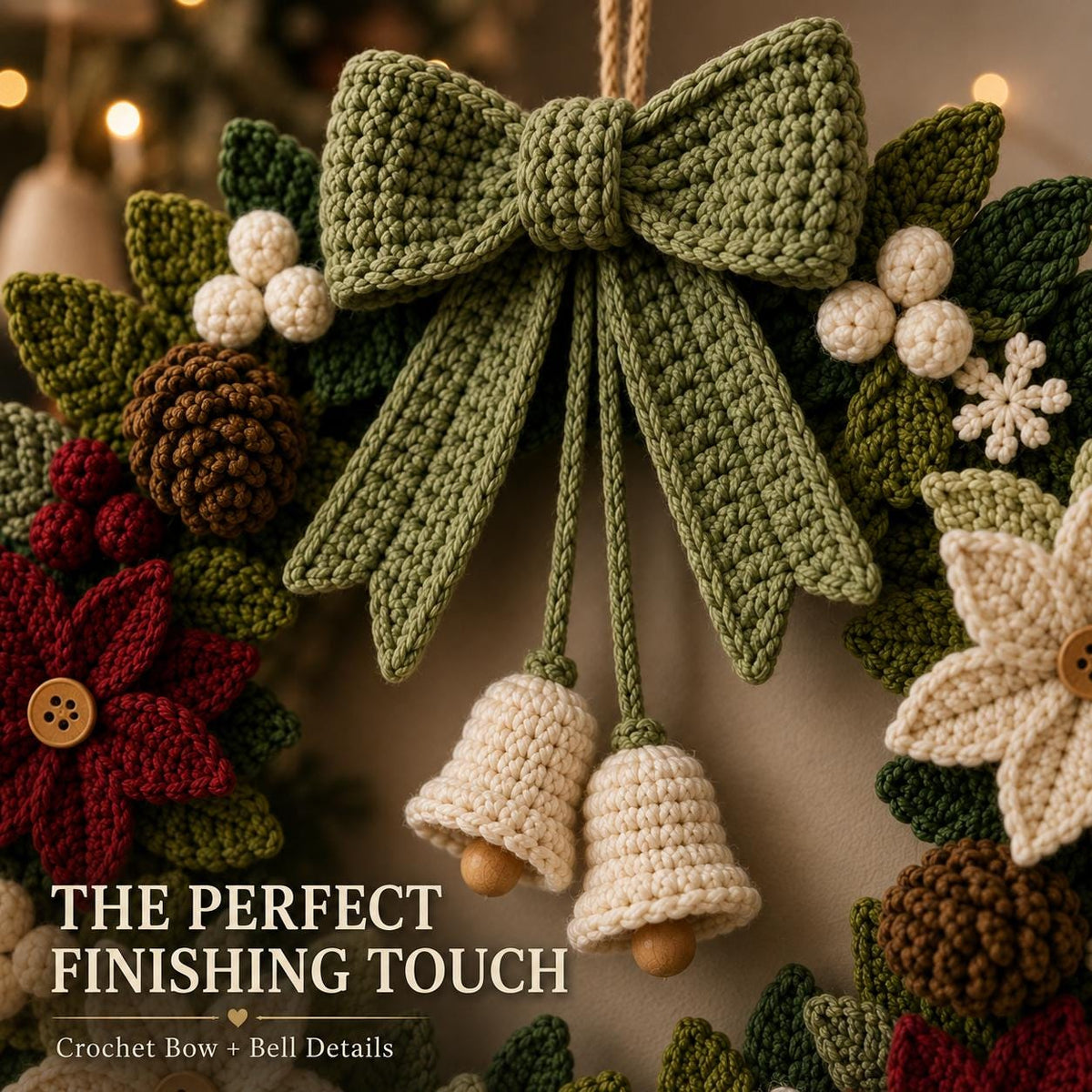 Crochet bow and bell details on the Christmas wreath