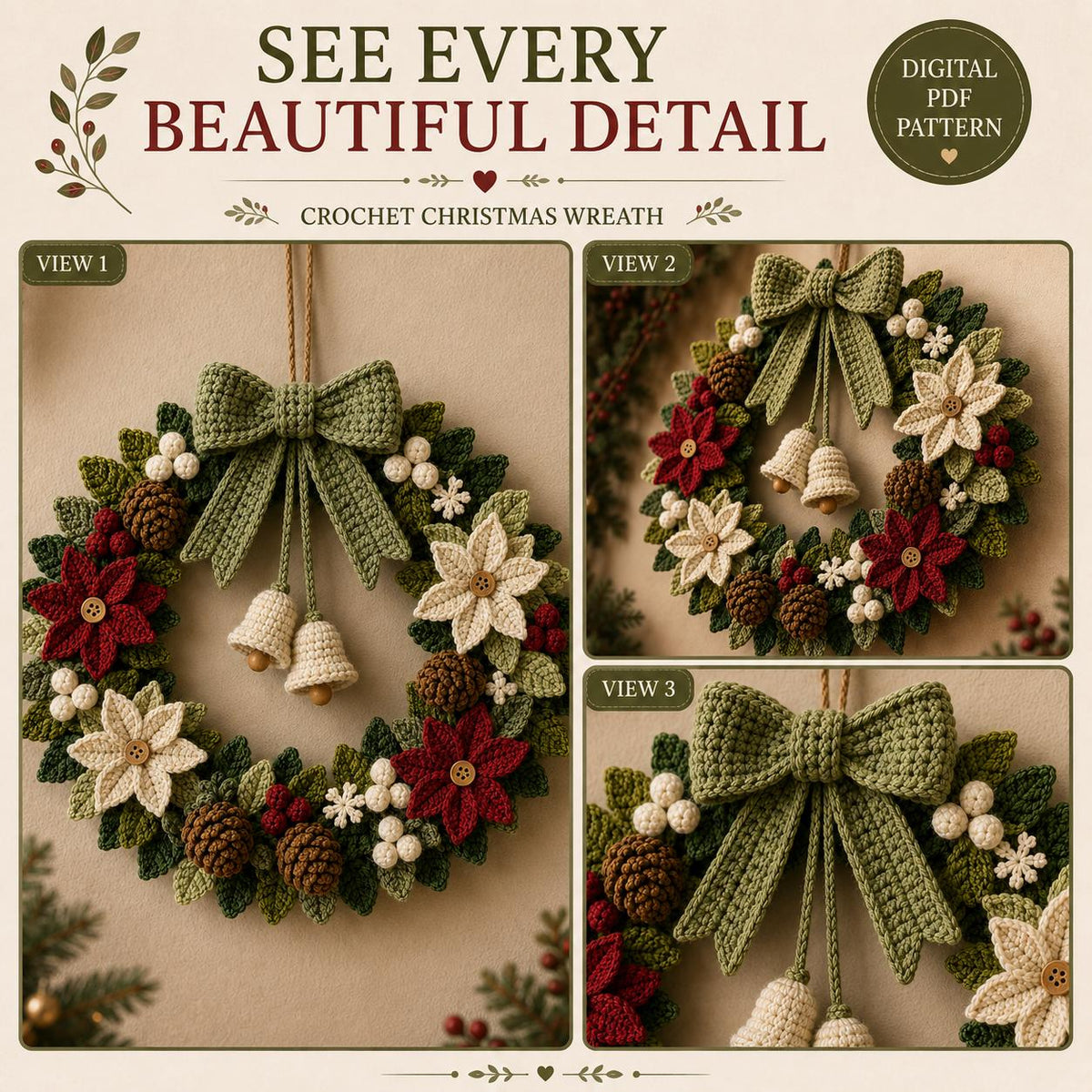 Three views of the crochet Christmas wreath