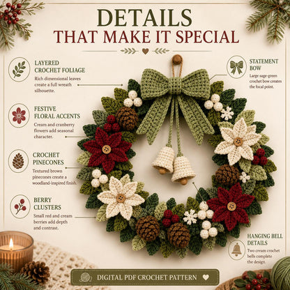 Wreath detail overview: foliage, flowers, pinecones, berries and bells