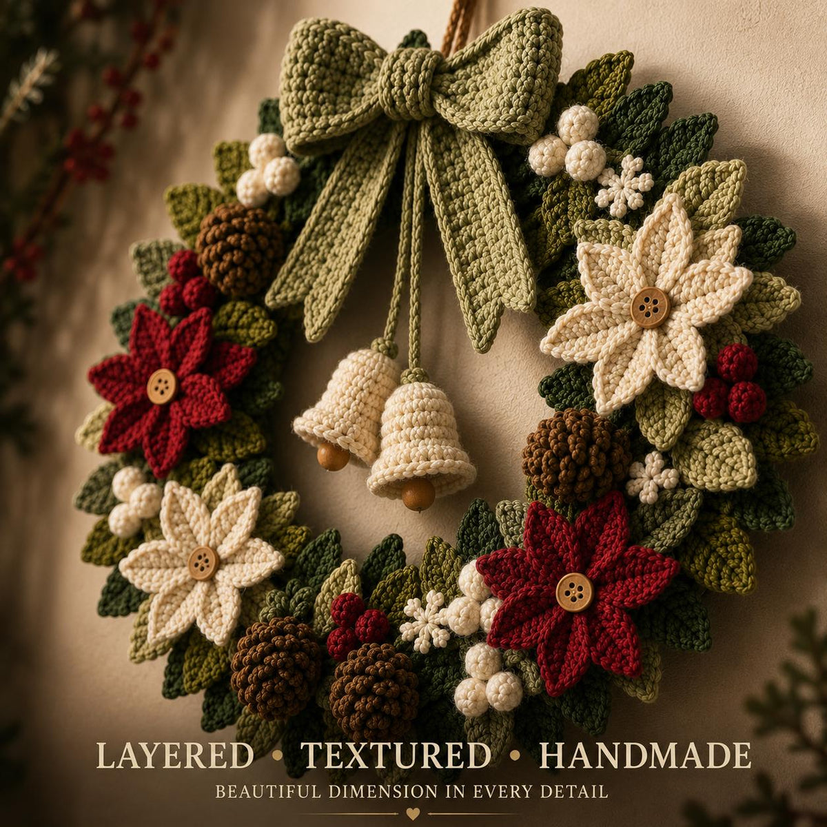 Layered, textured crochet wreath close-up