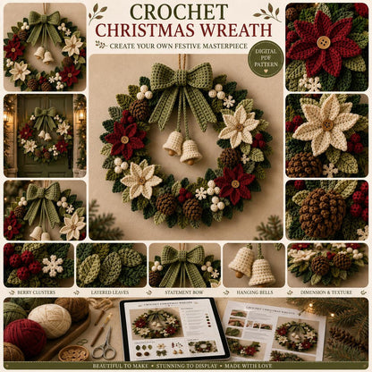 Crochet Christmas wreath pattern collage