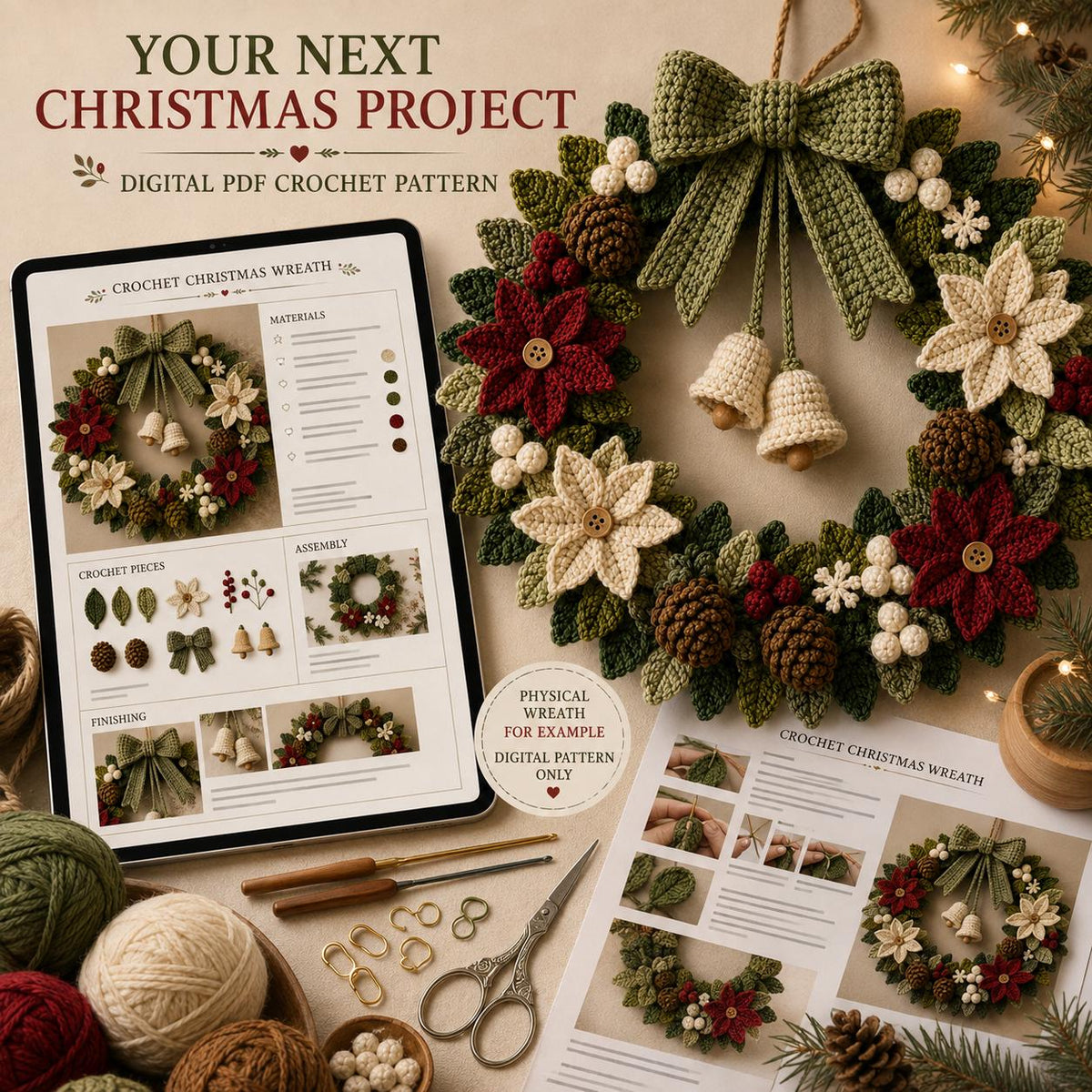 Digital PDF crochet pattern shown on a tablet with yarn