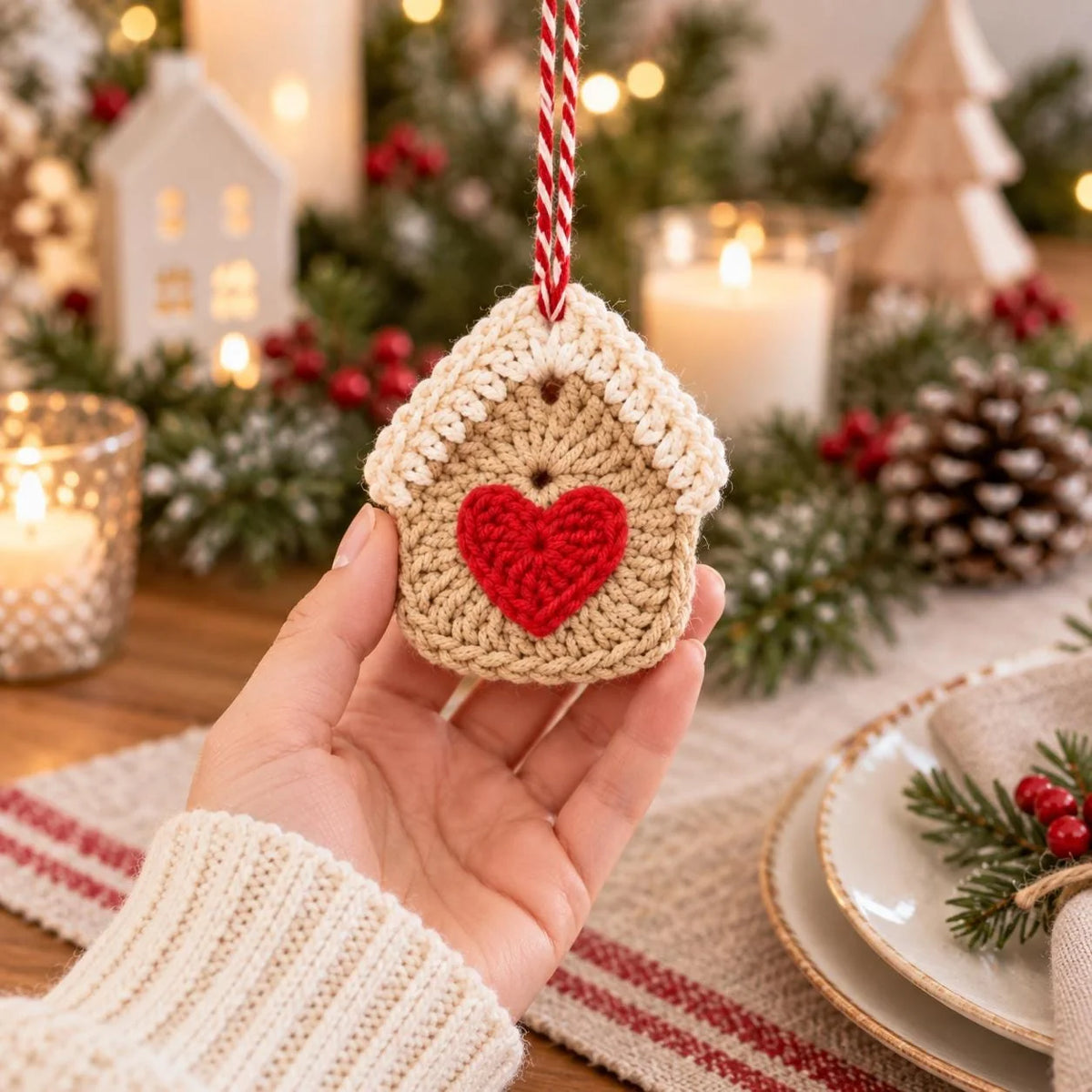 Crochet gingerbread house Christmas ornament with red heart – PDF pattern
