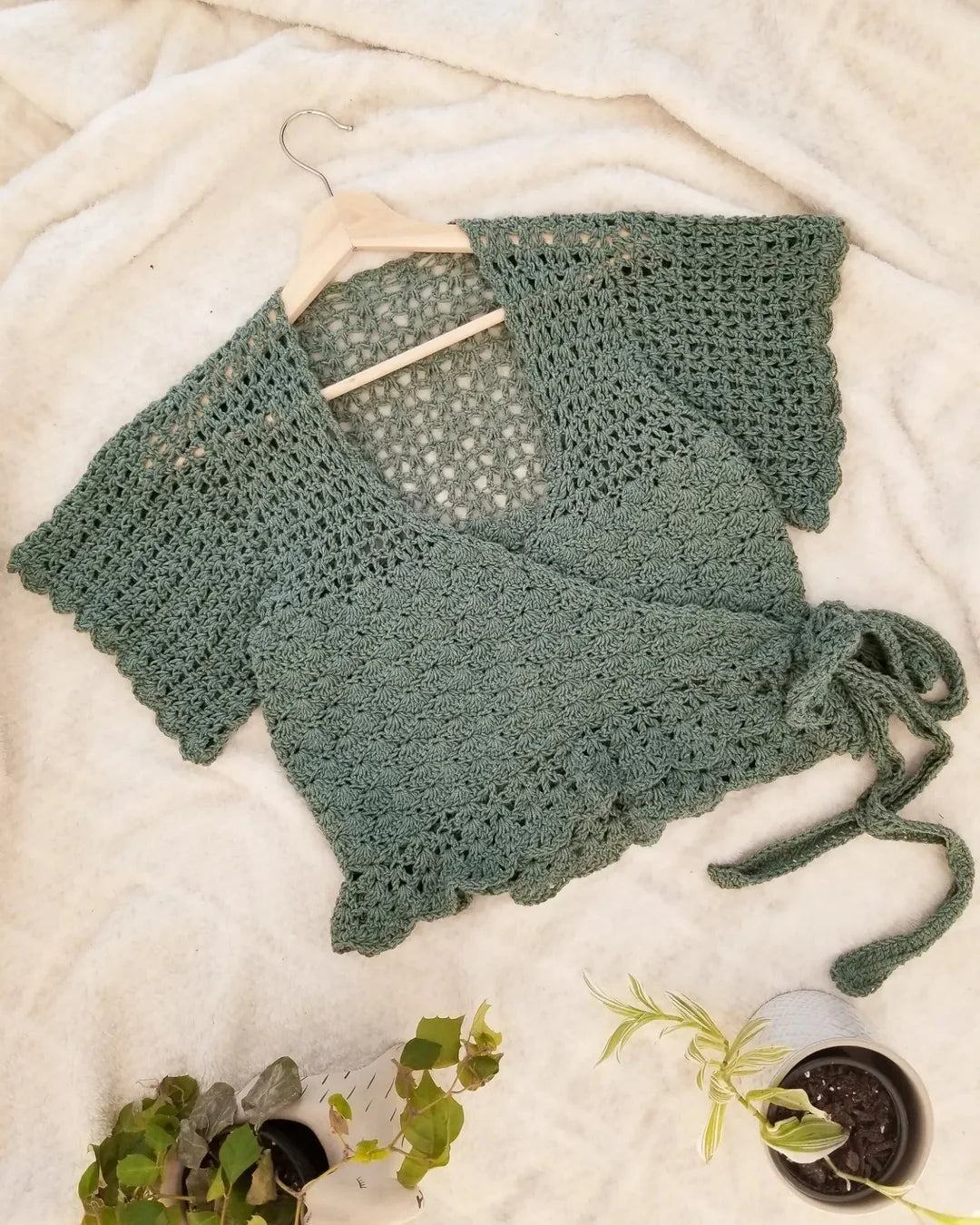 Foxglove wrap top crochet pattern, finished garment