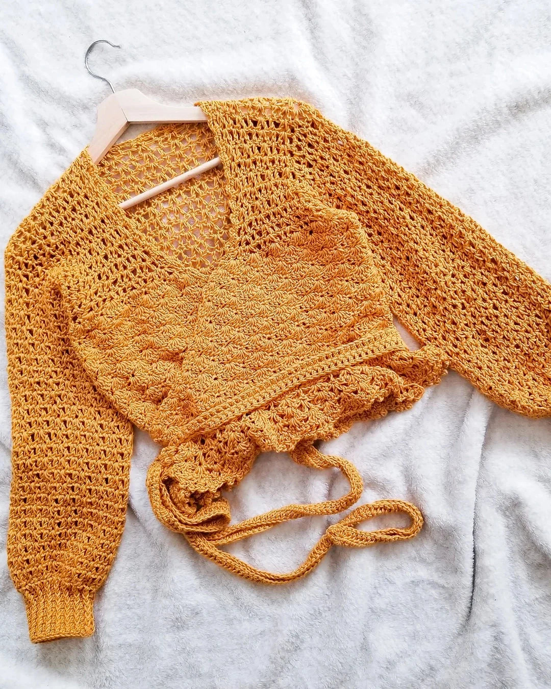 Foxglove crochet wrap top styled as a fall outfit